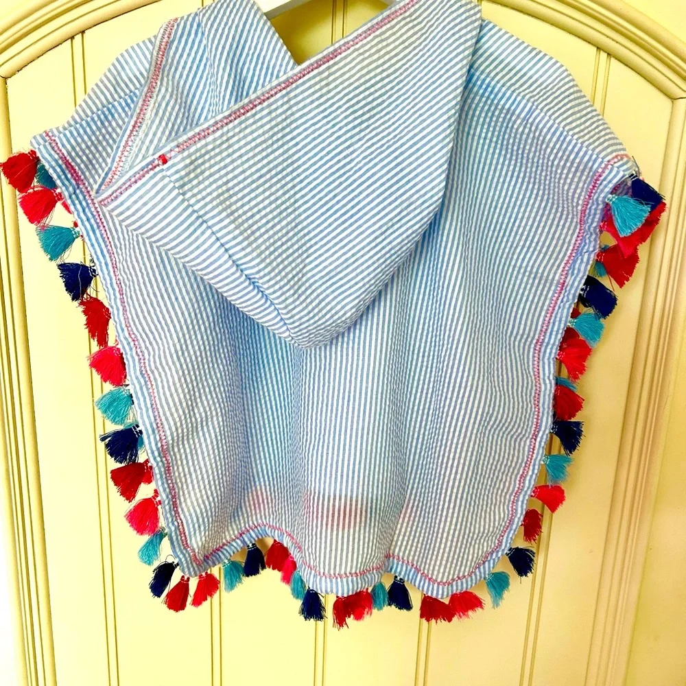 Kids Blue Striped Hooded Poncho with Colorful Tassels